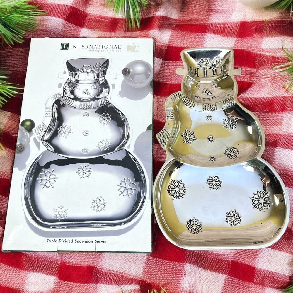 VTG International Silver Divided Snowman Server Tray 15” Silverplate Christmas